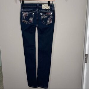 Vintage Miss Me Jeans Dark Blue Embroidery Rhinestones Girls Y2K Slim Skinny